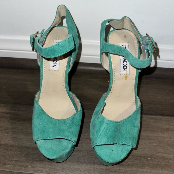 STEVE MADDEN 7 Teal Dynemite Jillyy Suede Platform Heels Blue Green Turquoise - Picture 4 of 8